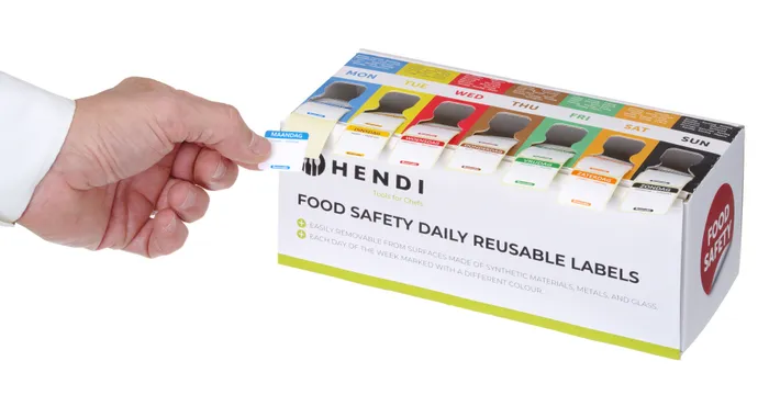 850572 Set of food safety stickers multi -use with dispenser NL-FR-DE Hendi