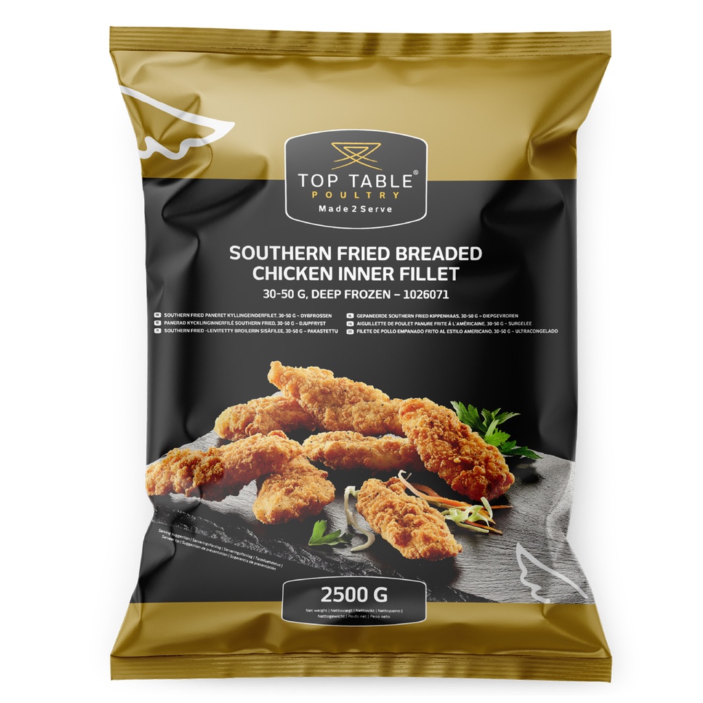 1026071 Kip Filet Southern Fried Goujon Inner 30/50 Top Table 2,5 kg